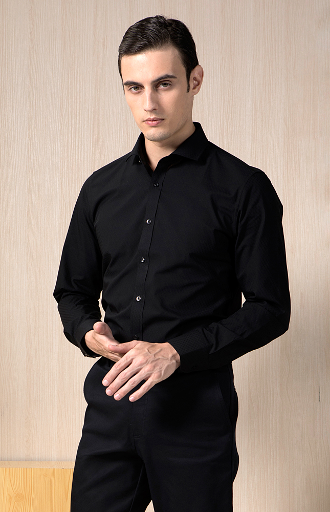 黑色纯棉暗纹温莎领商务休闲衬衫