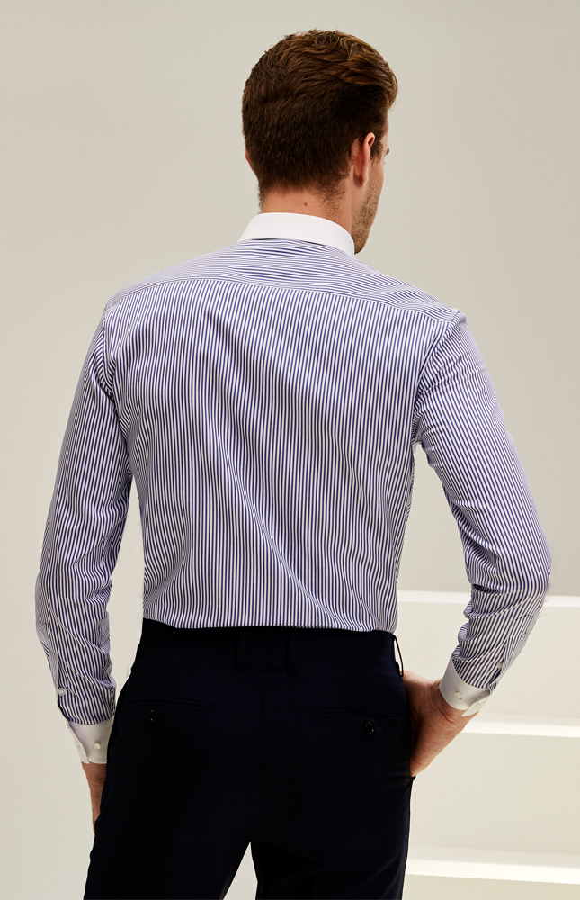 青蓝色纯棉条纹异色领衬衫