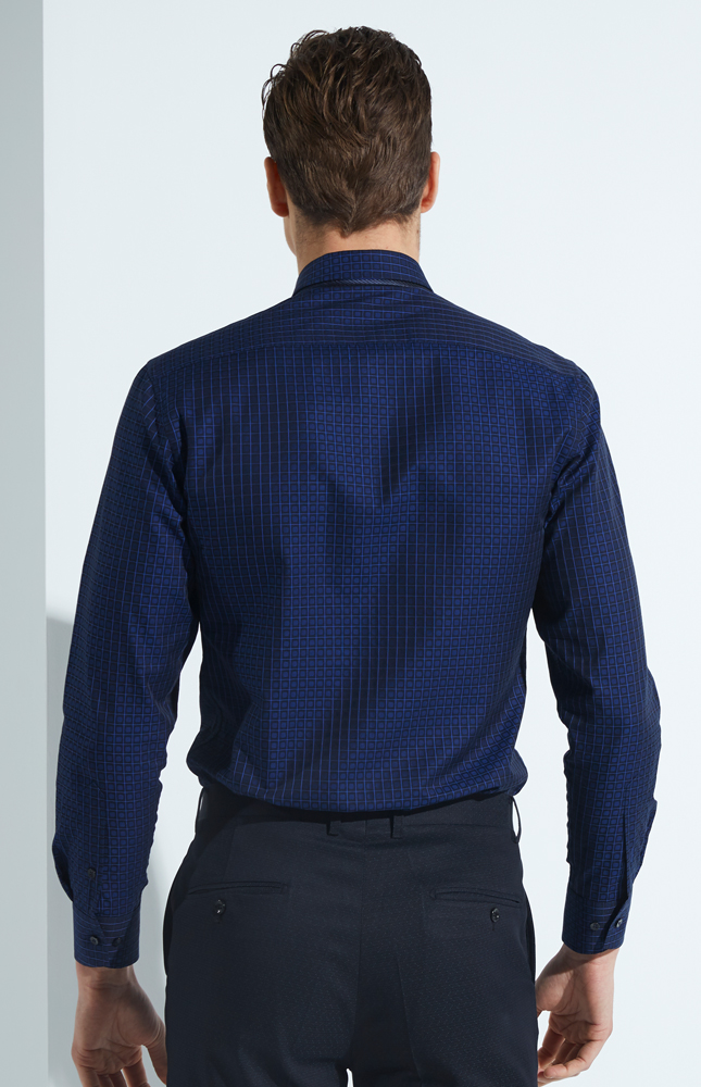 蓝黑色提花格纹纯棉商务休闲春秋款衬衫