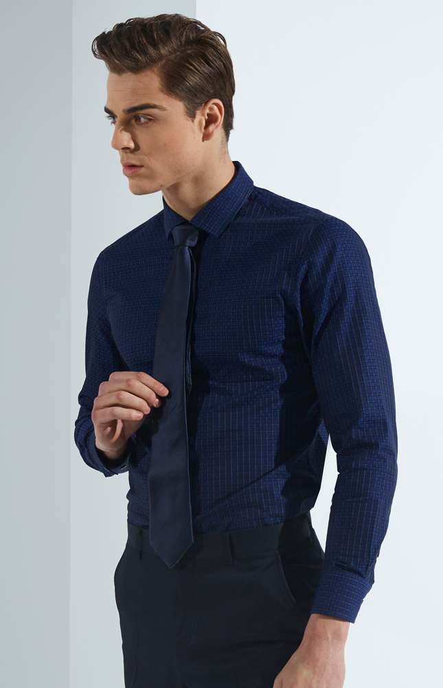蓝黑色提花格纹纯棉商务休闲春秋款衬衫