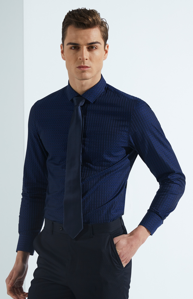 蓝黑色提花格纹纯棉商务休闲春秋款衬衫