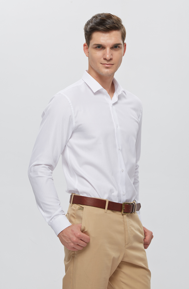 白色人字纹高支纱cvc时尚小方领衬衫