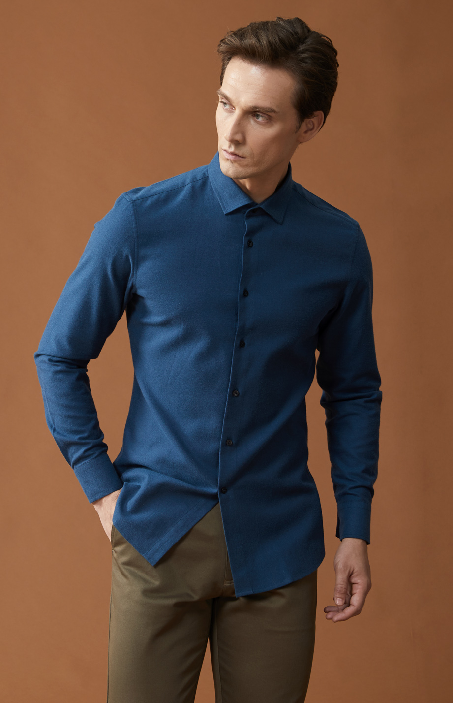 湖蓝色天丝棉混纺磨毛衬衫(舒适保暖)